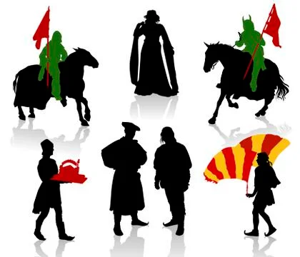 Silhouettes of people in medieval costumes. Stock Illustration