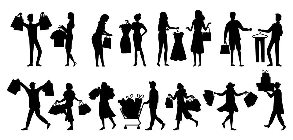 Silhouettes of people shopping. Shoppers with purchases in their hands preparing Stock Illustration