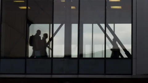 Silhouettes of people strolling inside the transparent transition in airport Stock Footage 114513828