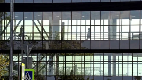 Silhouettes of people strolling inside the transparent transition, time lapse Video stock 158981400