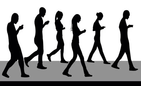Silhouettes of people walking and with phones Stock Illustration
