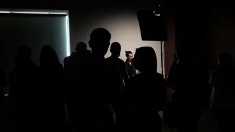 Silhouettes of photographers at a master class in a dark room Stock Footage 155198573