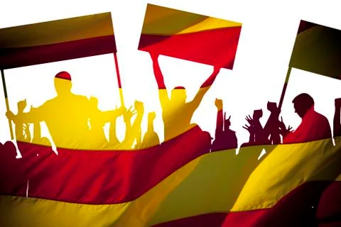 Silhouettes of protesting people against the the flag of Barcelona on white Stock Illustration