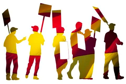 Silhouettes of protesting people against the the flag of Barcelona on white Stock Illustration