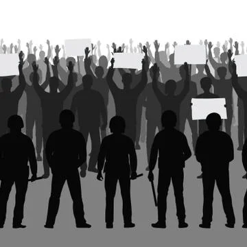 Silhouettes of protesting people with hands and the police up seamless border Stock Illustration