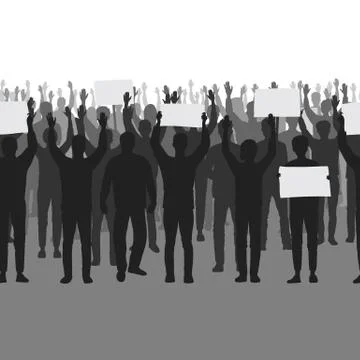 Silhouettes of protesting people with hands up seamless border. Stock Illustration