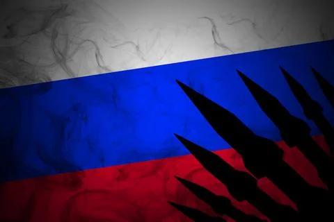 Silhouettes of rocket on the russian flag. Russian-Ukrainian crisis, conflict Stock Illustration