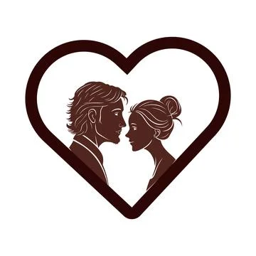 Silhouettes of romantic couple facing each other inside heart shape frame i.. Stock Illustration