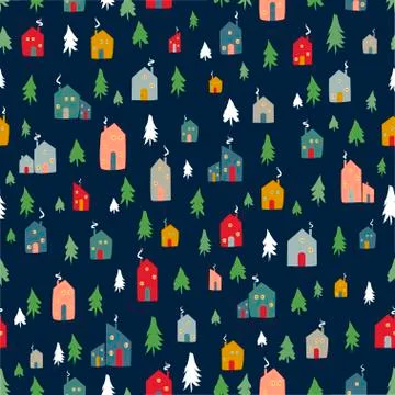 Silhouettes seamless pattern with cute cabins. Hand draw house and pine. Vector Illustrazione stock