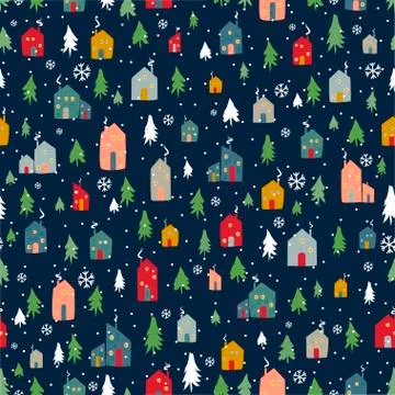Silhouettes seamless pattern with cute cabins. Hand draw house and pine. Vector Stock Illustration