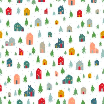 Silhouettes seamless pattern with cute cabins. Hand draw house and pine. Vector Stock Illustration