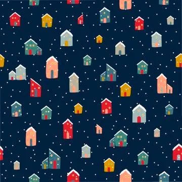 Silhouettes seamless pattern with cute cabins. Hand draw house. Vector Stock Illustration