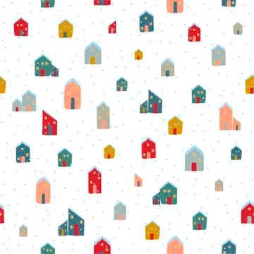 Silhouettes seamless pattern with cute cabins. Hand draw house. Vector Stock Illustration