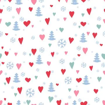 Silhouettes seamless pattern with cute forest. Pine trees, hearts, Christmas Stock Illustration