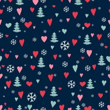 Silhouettes seamless pattern with cute forest. Pine trees, hearts, Christmas Stock Illustration