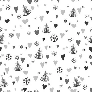 Silhouettes seamless pattern with cute forest and hearts and snowflakes. Pine Stock Illustration