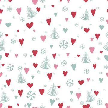 Silhouettes seamless pattern with cute forest and hearts and snowflakes. Pine Stock Illustration
