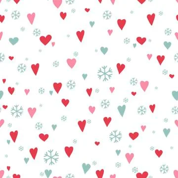 Silhouettes seamless pattern with cute hearts and snowflakes. Happy Valentine's Stock Illustration
