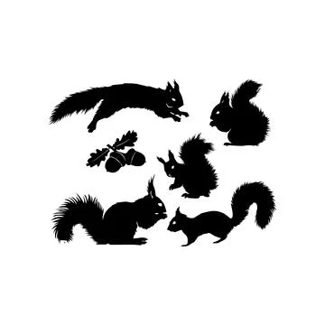 Silhouettes of Squirrels in Various Poses. Vector icon. Stock Illustration