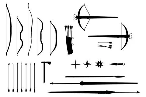 Silhouettes of throwing weapons of different countries and eras - vector set Stock Illustration