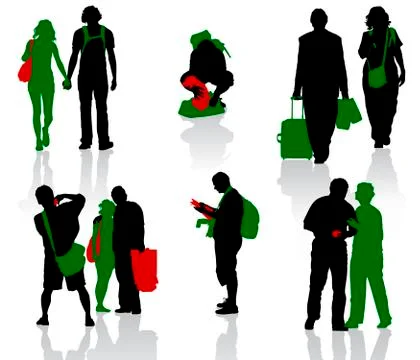 Silhouettes of tourists in different situation. Stock Illustration