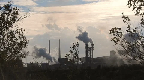Silhouettes of Trees in the Background Smoking Chimneys of the Plant. 库存影片 68838470