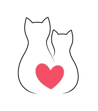 Silhouettes of two cats and a red heart between them. Cat logo Stock Illustration