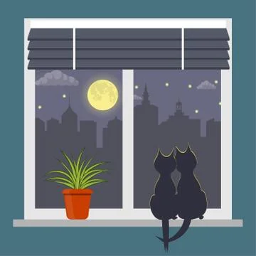 Silhouettes of two cats sitting on a windowsill under the light of the moon.  Illustrazione stock