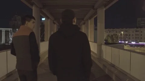 Silhouettes of two friends walking in the night city. Stock Footage 80418891