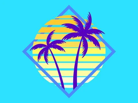 Silhouettes of two palm trees at sunset in a retro futuristic style. Compos.. Illustrazione stock