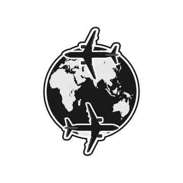 Silhouettes of two planes fly around the globe. Simple design for a logo stic Stock Illustration
