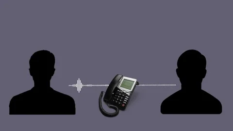 Silhouettes of two unknown men talking on a landline phone. Sound visualizerer Stock Footage 274698462