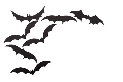 Silhouettes of volatile bats carved out of black paper are isolated on white Stock Photos