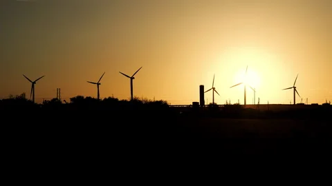 Silhouettes of wind turbines generating electricity in a field at sunset. Stock Footage 312183554