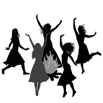Silhouettes of witches dancing around the fire Stock Illustration