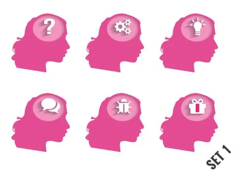 Silhouettes of women's heads with different objects. Set 1. Stock Illustration
