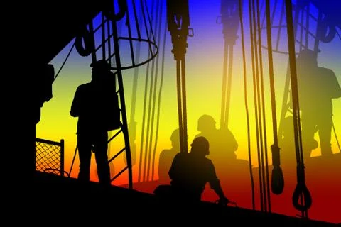 Silhouettes of workers at a construction site Stock Illustration