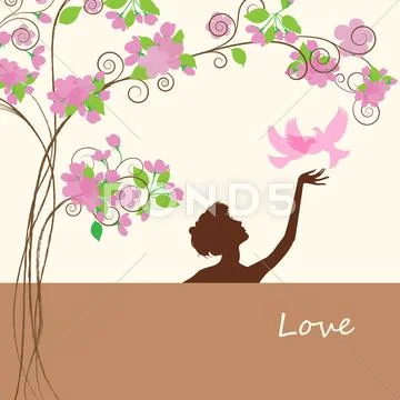 Silhouettes of young girl under a spring tree Stock Illustration