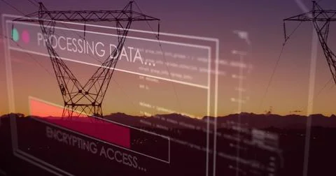 Silhouetting tower spanning power lines at dusk, overlaying PROCESSING DATA, Stock Photos