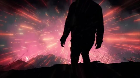 Silhouettte person on top of a cliff, with hyper tunnel and magic fire Stock Footage 155259602