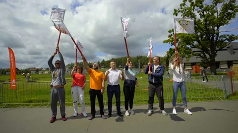 SILICHY, BELARUS - 2, AUGUST, 2019: Alfabank, Conte. A group of guys waving the Stock Footage 129952885