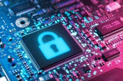 Silicon chip with blue glowing padlock, Digital security Stock Photos