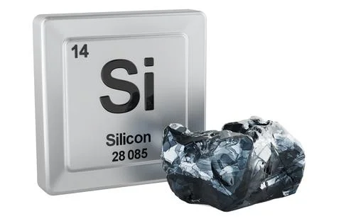 Silicon element periodic table tile with Si sample. 3d rendering Stock Illustration