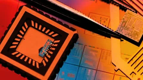 Silicon ic chip and integrated circuits with wafer background Stock Footage 20545327