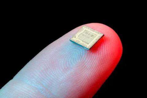 Silicon microchip on fingertip 스톡 사진