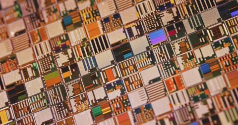 Silicon semiconductor wafer close-up. In electronics, a wafer also called a.. Stock Footage 345584308