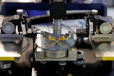 Silicon semiconductor wafer on RF probe station Stock Photos