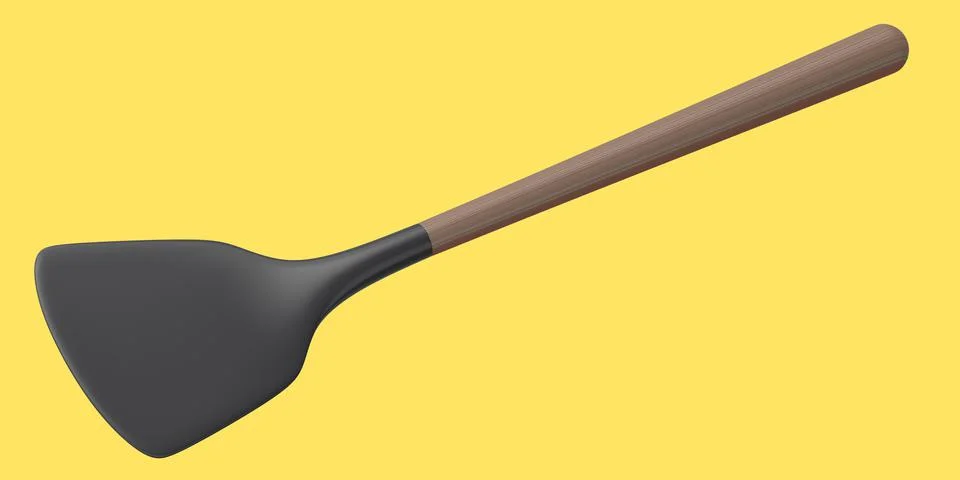 Silicon solid turner or kitchen utensils on yellow background. Illustrazione stock