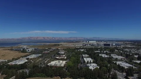 Silicon Valley Google HQ Campus, Moffett Airfield and Bay Aerial Drone Stock Footage 72801744