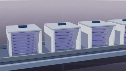Silicon wafer cassettes moving along fab conveyor line loop 3D animation Stock Footage 341174145